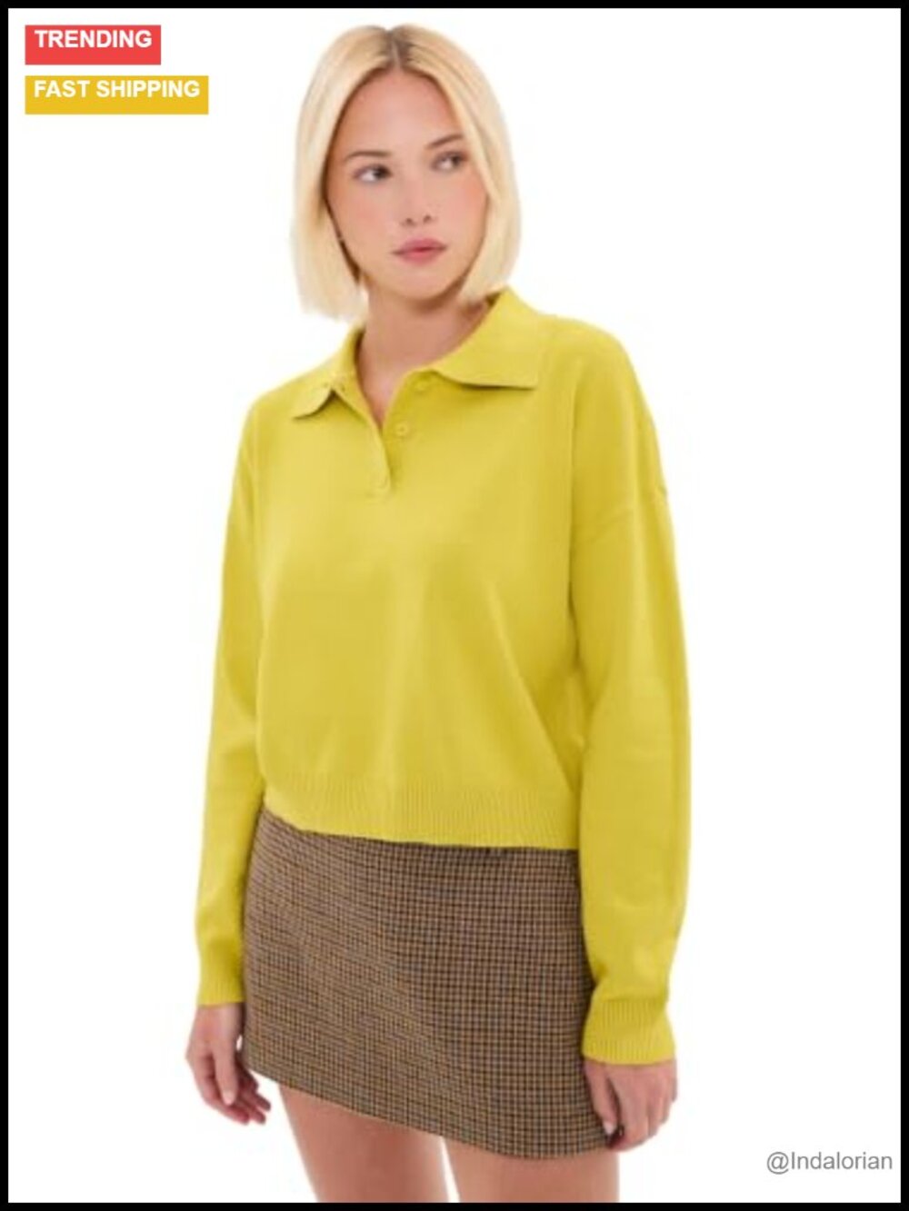 Mid-Weight Stretch Knit Cropped Polo Long Sleeve Top